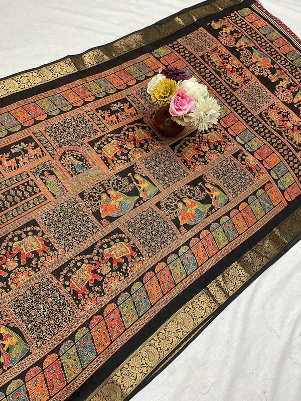 Pashmina Print Kalamkari Black - T01