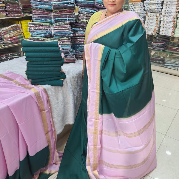 Semi Crape Mysore Silk Saree Green With Gap Border Design - D04