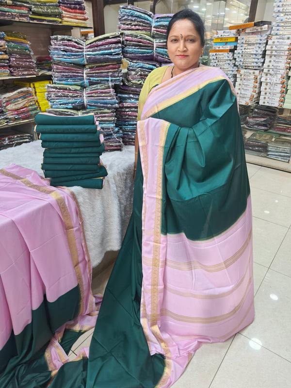 Semi Crape Mysore Silk Saree Green With Gap Border Design - D04