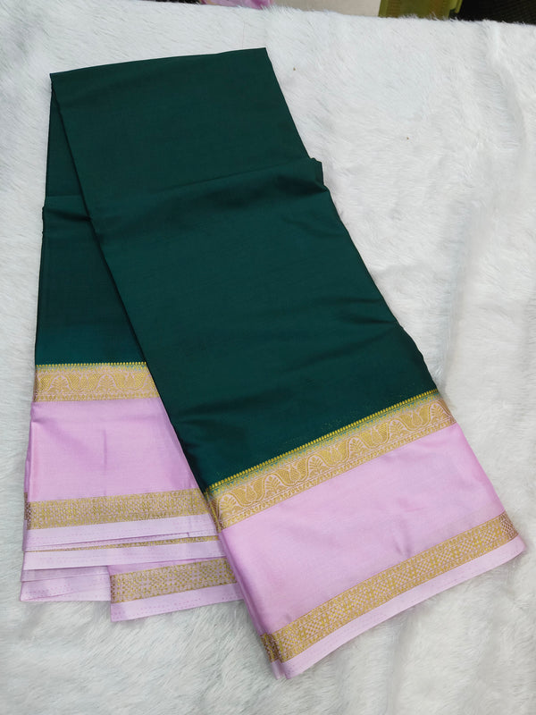 Semi Crape Mysore Silk Saree Green With Gap Border Design - D04