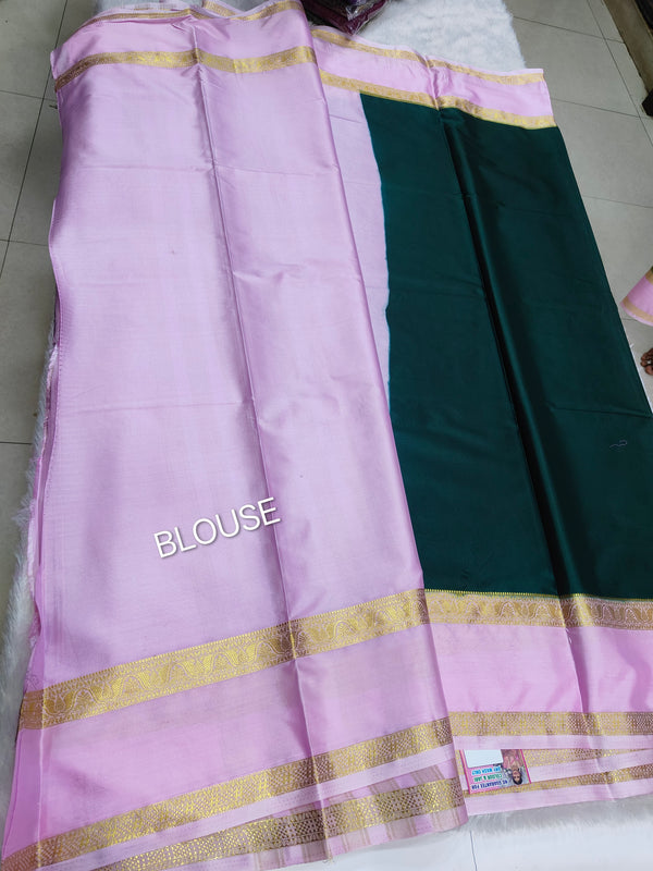 Semi Crape Mysore Silk Saree Green With Gap Border Design - D04
