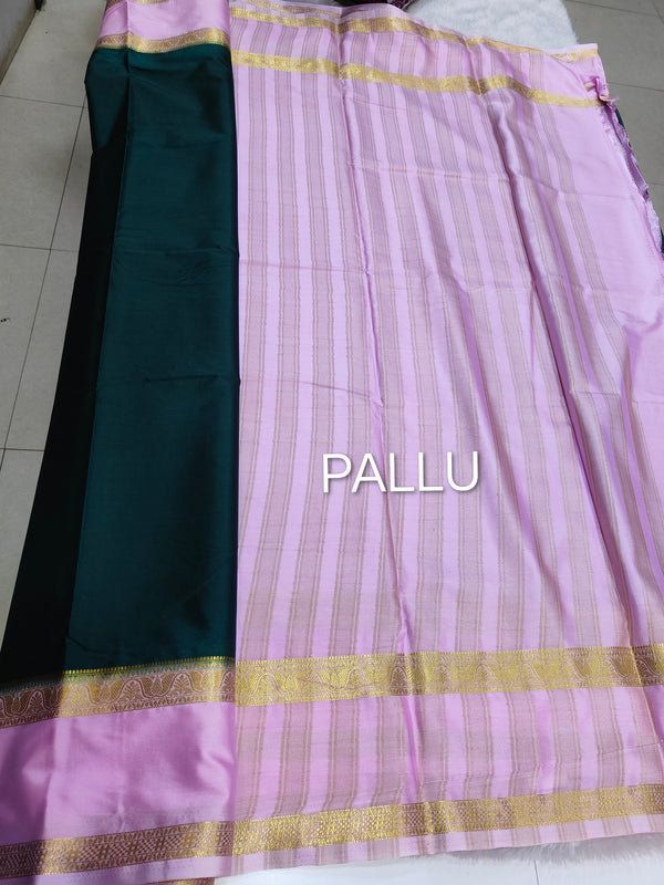 Semi Crape Mysore Silk Saree Green With Gap Border Design - D04