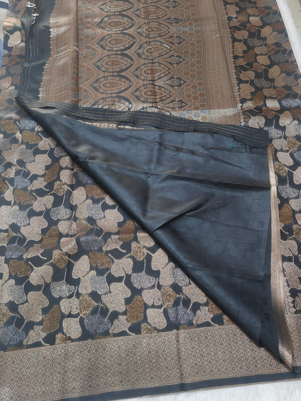 Vegan Art Soft Silk Saree Black Leaf Butta - C01