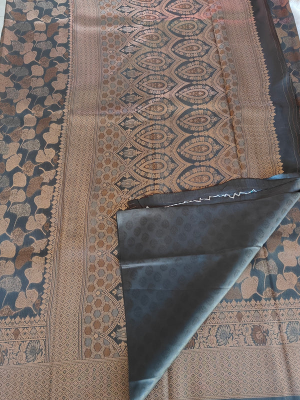 Vegan Art Soft Silk Saree Black Leaf Butta - C01