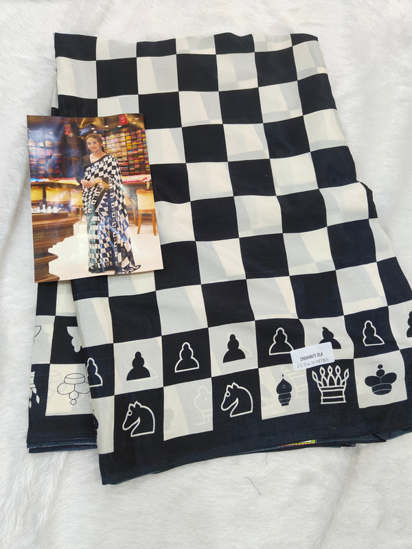 Check Mate Black And White Satin Crape - K05