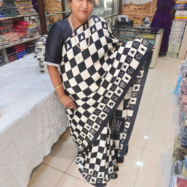 Check Mate Black And White Satin Crape - K05