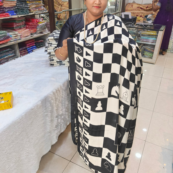 Check Mate Black And White Satin Crape - K05