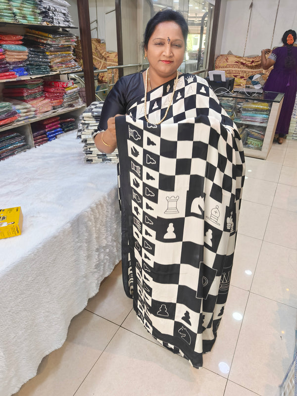 Check Mate Black And White Satin Crape - K05