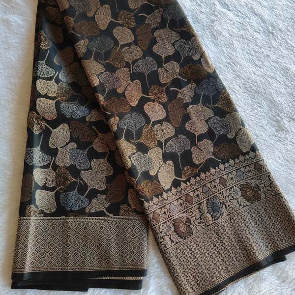 Vegan Art Soft Silk Saree Black Leaf Butta - C01