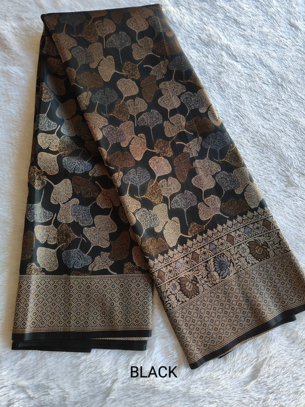 Vegan Art Soft Silk Saree Black Leaf Butta - C01