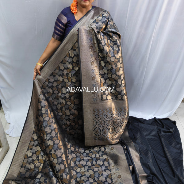 Vegan Art Soft Silk Saree Black Leaf Butta - C01