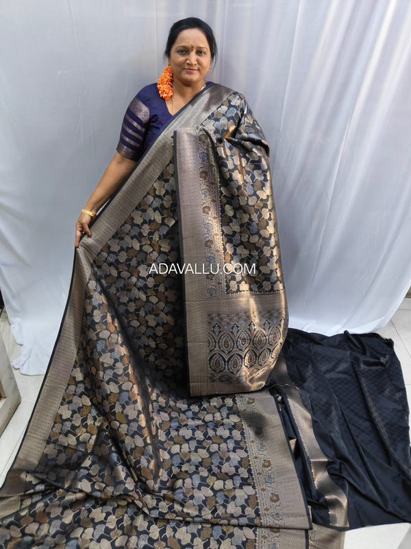 Vegan Art Soft Silk Saree Black Leaf Butta - C01