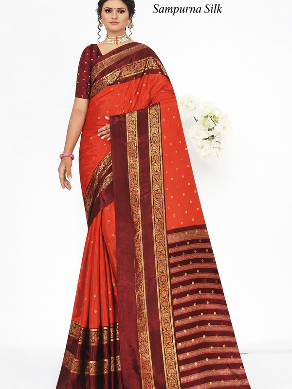 Anushree Saree Foil Print Buttas Orange With Rust - A02