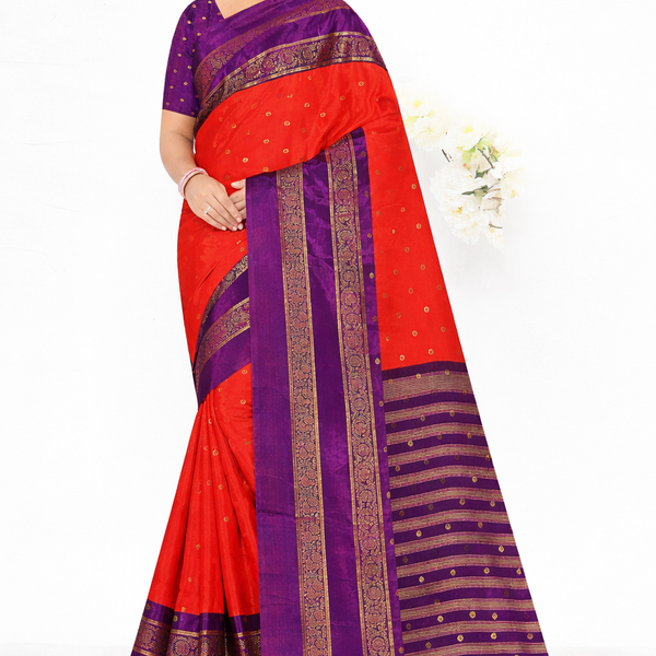Anushree Saree Foil Print Buttas Orange With Purple - A01